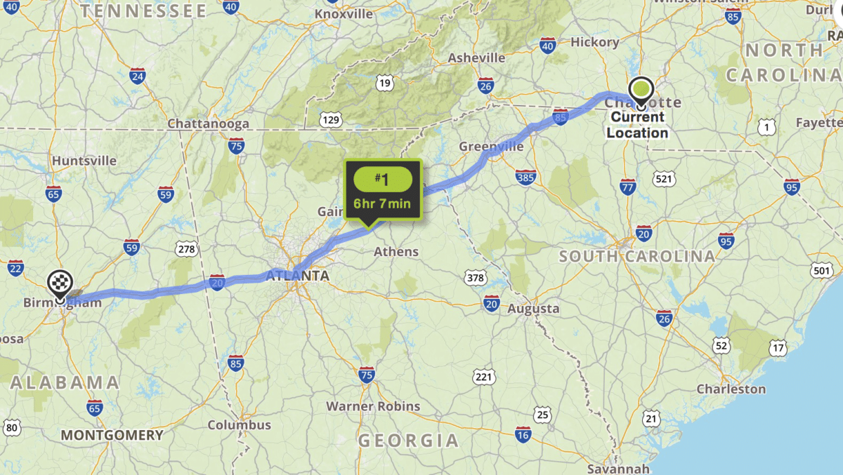 Map of Charlotte to Birmingham
